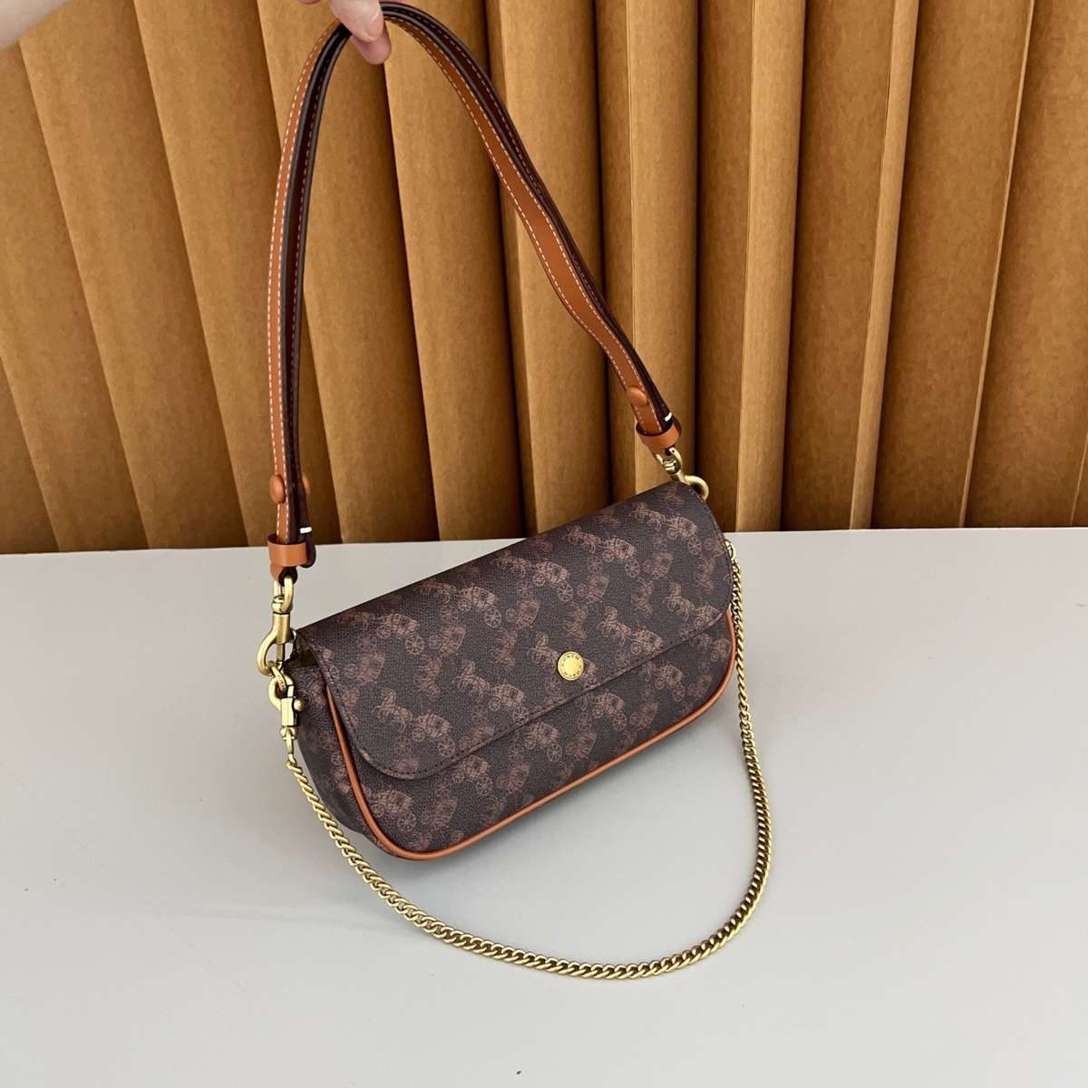Chain Strap Vintage Monogram Baguette Bag in Brown Monogram — side angle