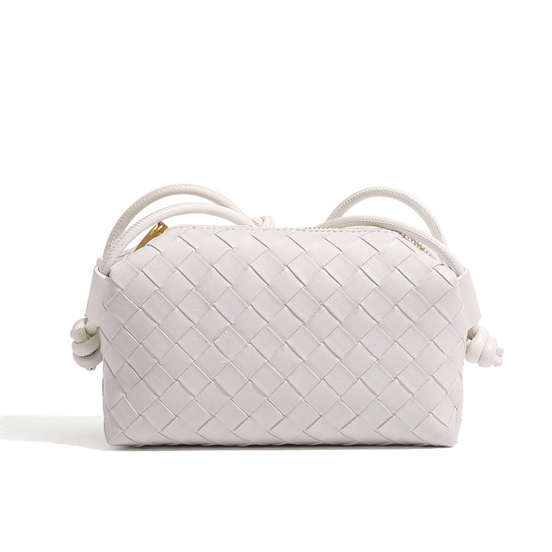 Embossed Woven Mini Square Crossbody Bag in Black — back view