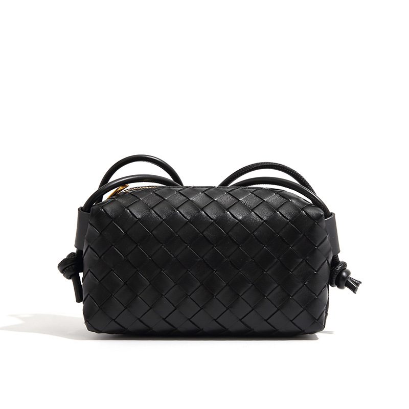 Embossed Woven Mini Square Crossbody Bag in Black — detail close-up