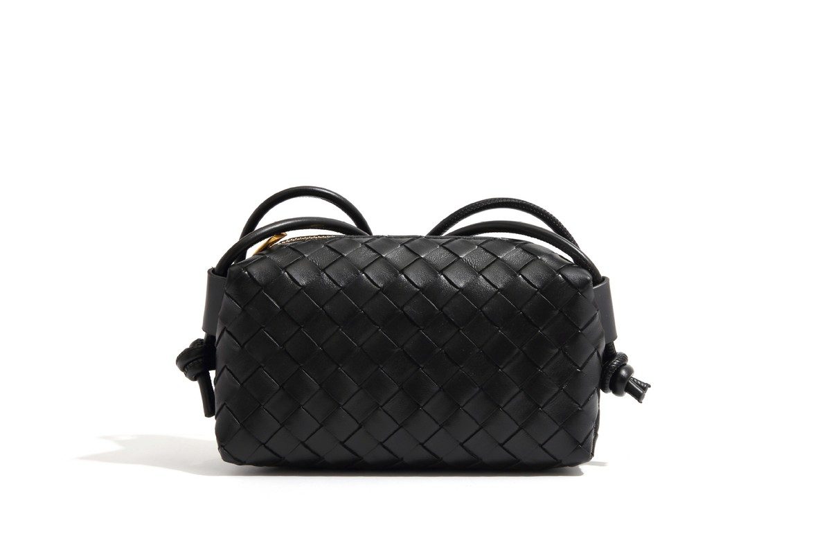 Embossed Woven Mini Square Crossbody Bag in Black — styling photo