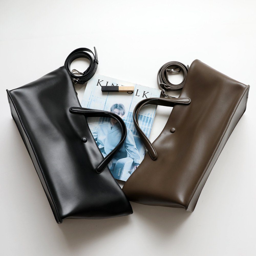 French-Style Genuine Leather Work Tote Bag in Black — side angle