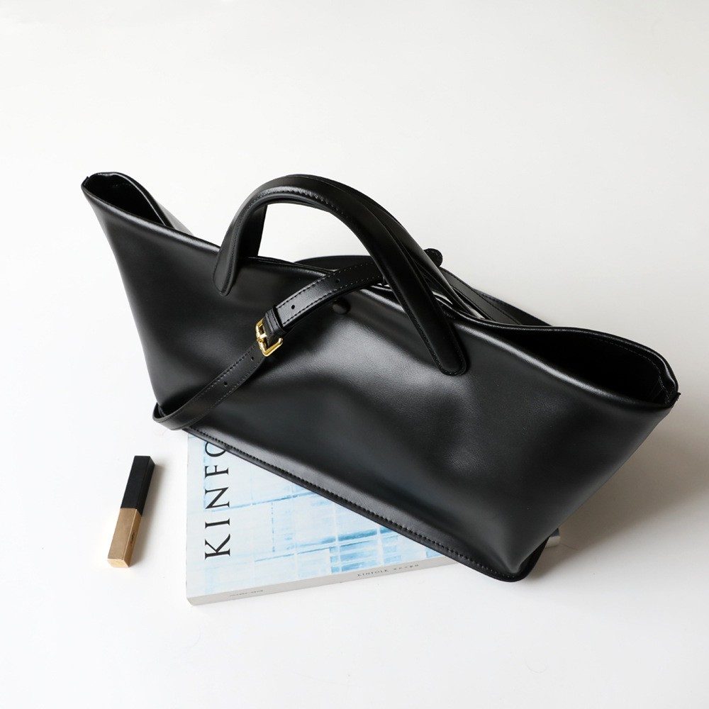 French-Style Genuine Leather Work Tote Bag in Black — interior view