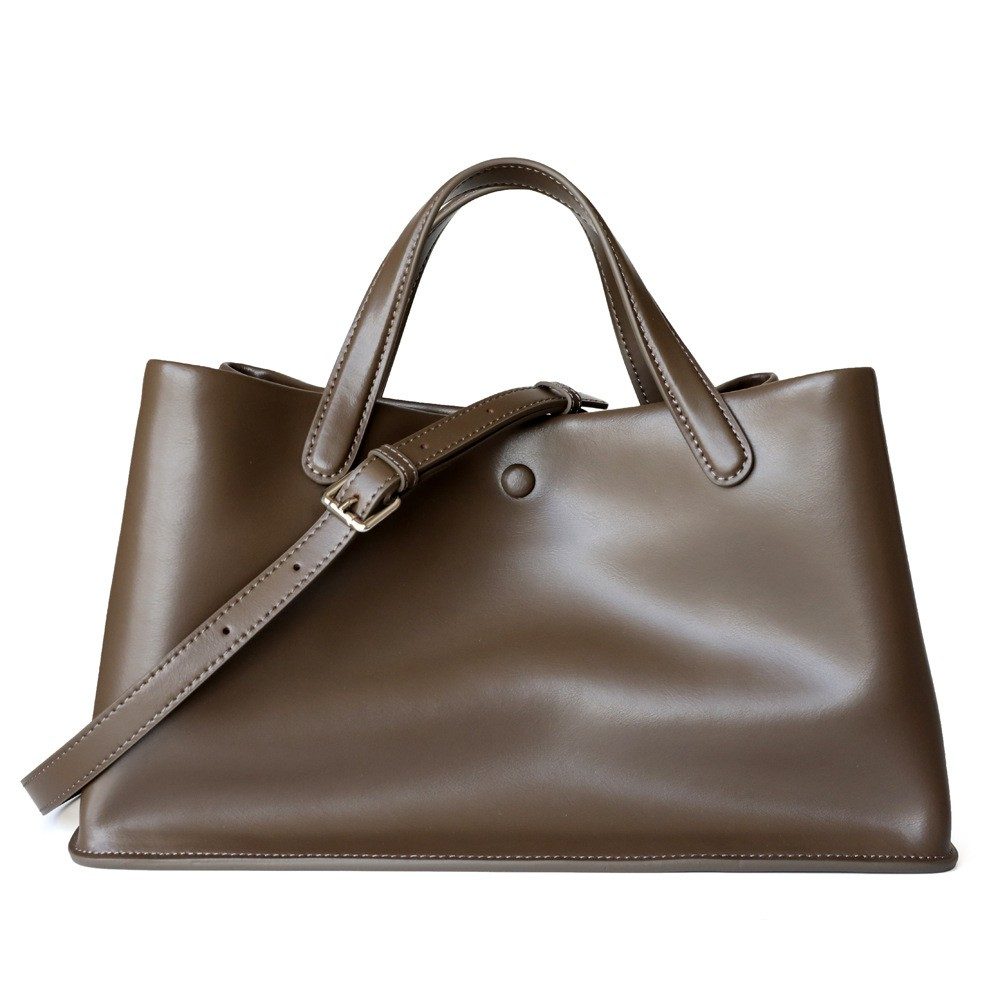 French-Style Genuine Leather Work Tote Bag in Black — worn on shoulder