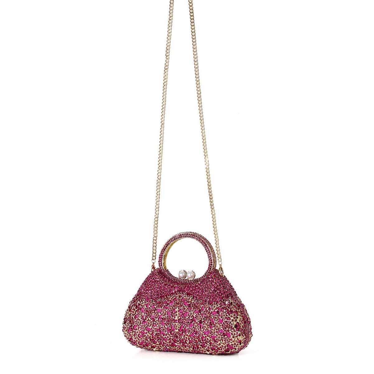 Full-Crystal Evening Clutch Bag in Magenta — side angle