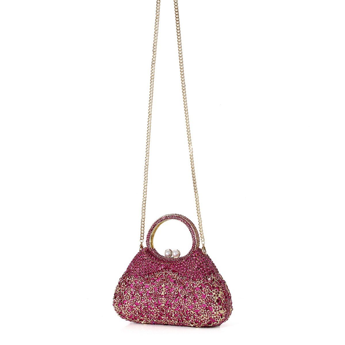 Full-Crystal Evening Clutch Bag in Magenta — side angle
