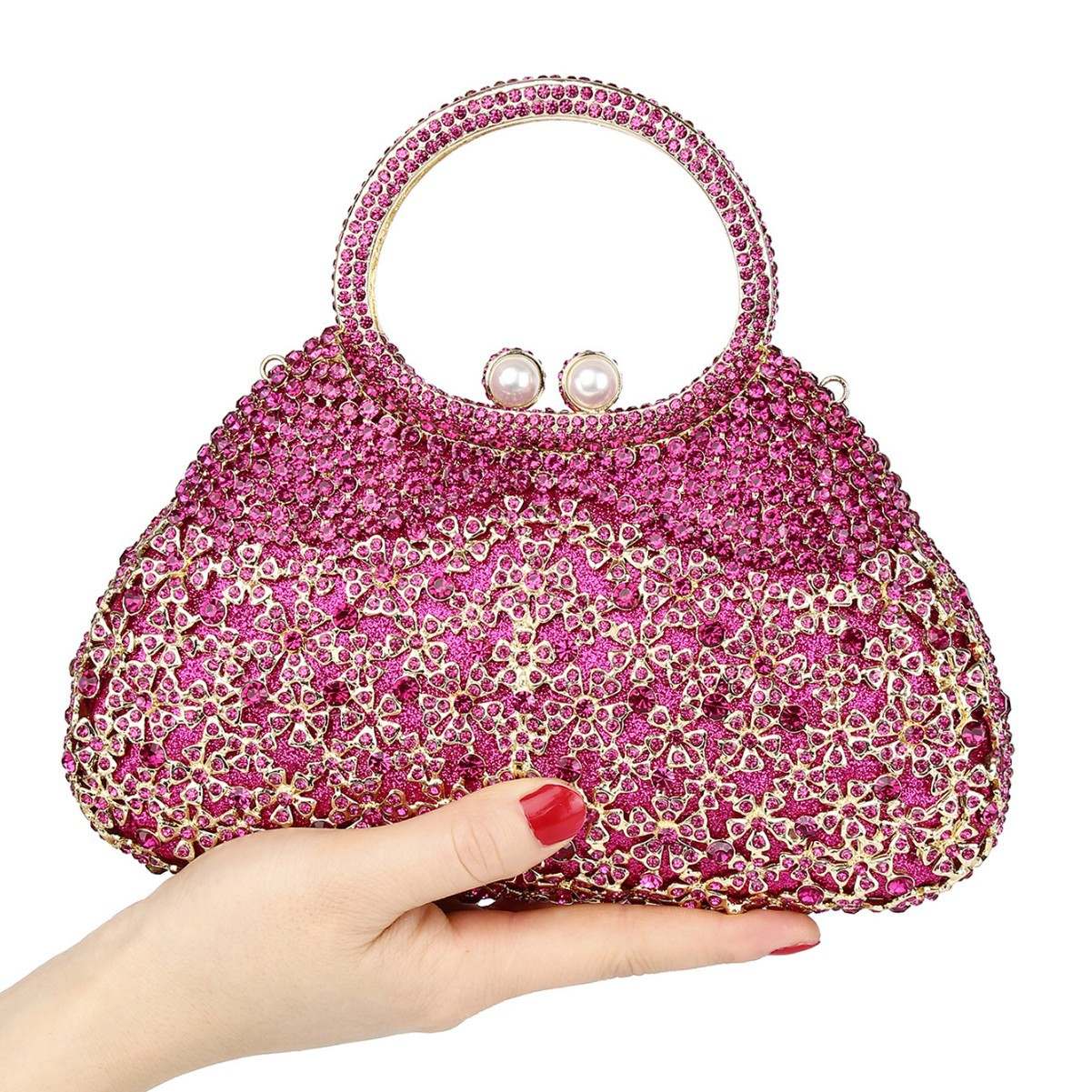 Full-Crystal Evening Clutch Bag in Magenta — back view