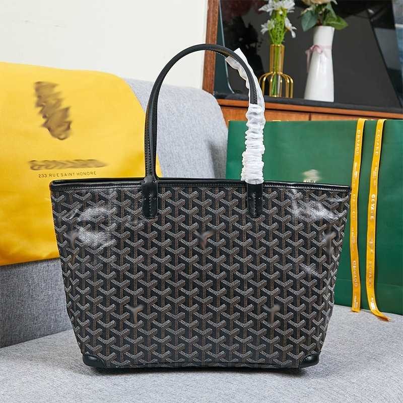 Goyard-Style Zipper Tote in Black — side angle