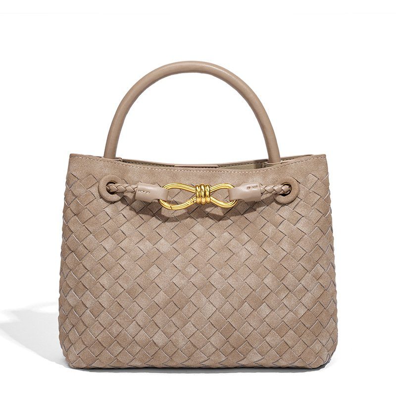 Handwoven Knot-Drawstring Crossbody Bag in Khaki — back view