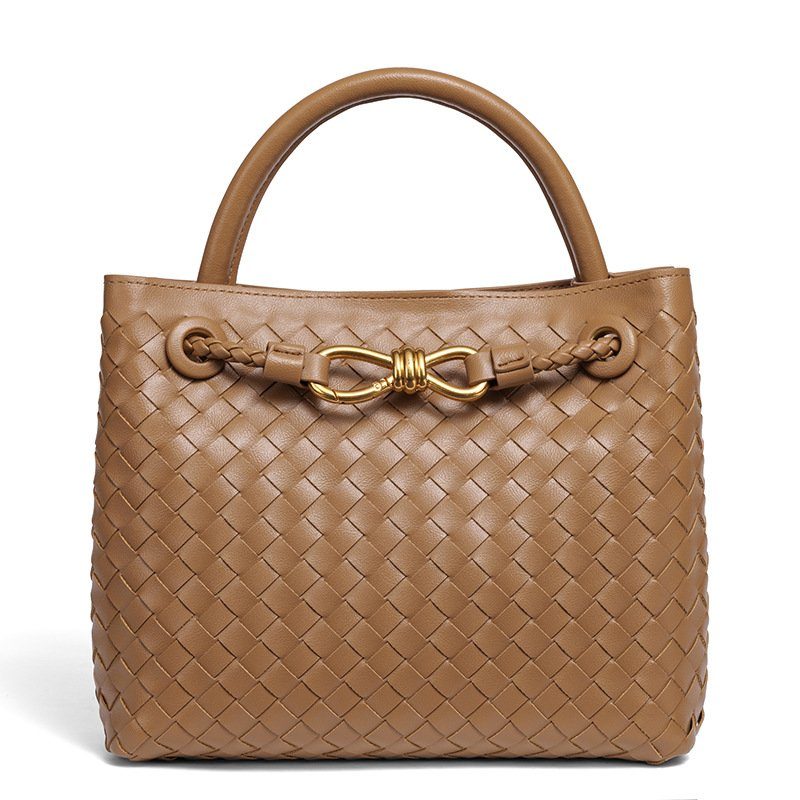 Handwoven Knot-Drawstring Crossbody Bag in Khaki — styling photo