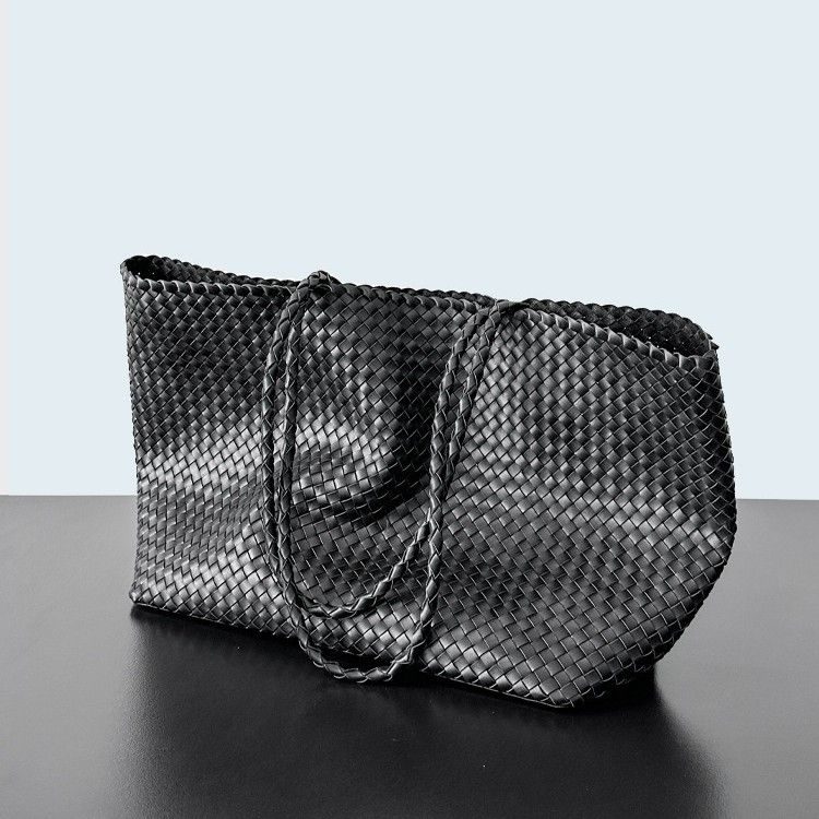 Handwoven Light-Luxury Tote Bag in Black + Bonus Pouch — side angle