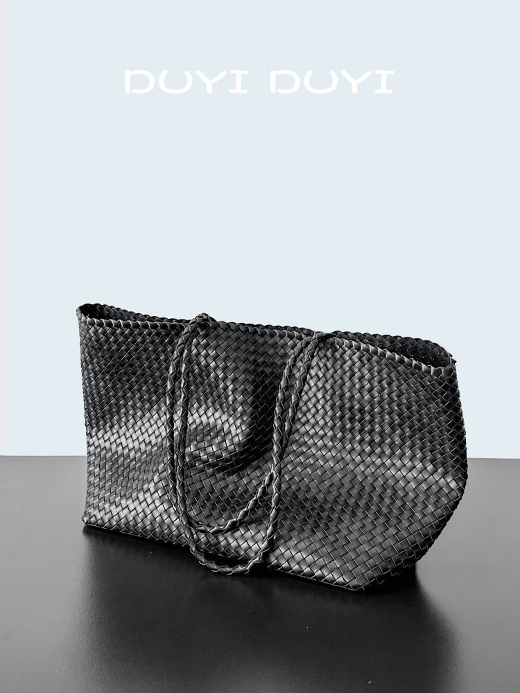 Handwoven Light-Luxury Tote Bag in Black + Bonus Pouch — styling photo