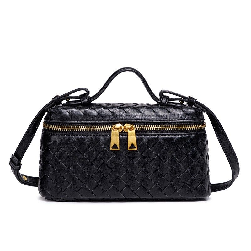 Handwoven Lunch Box Crossbody Bag in Black — styling photo