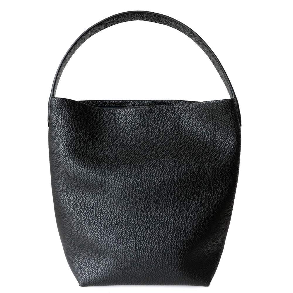 Japanese-Minimalist Leather Bucket Tote Bag in Black — additional angle