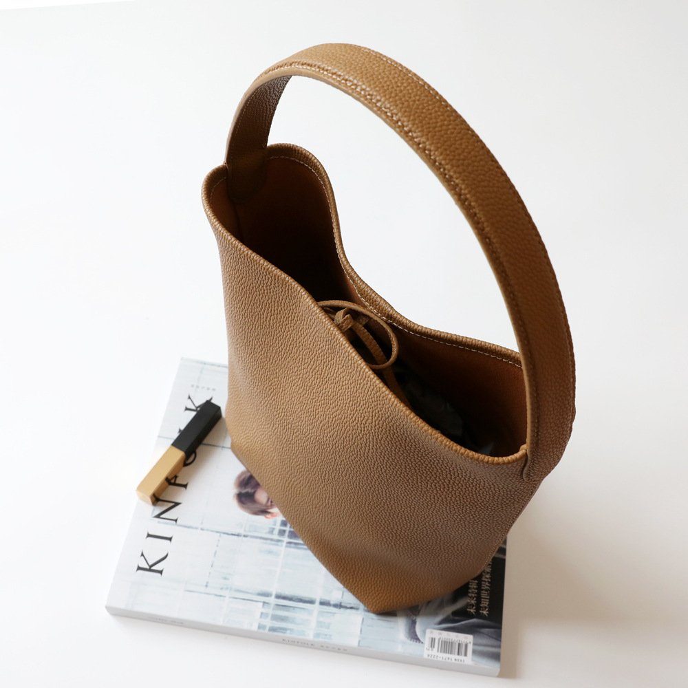 Japanese-Minimalist Leather Bucket Tote Bag in Black — back view