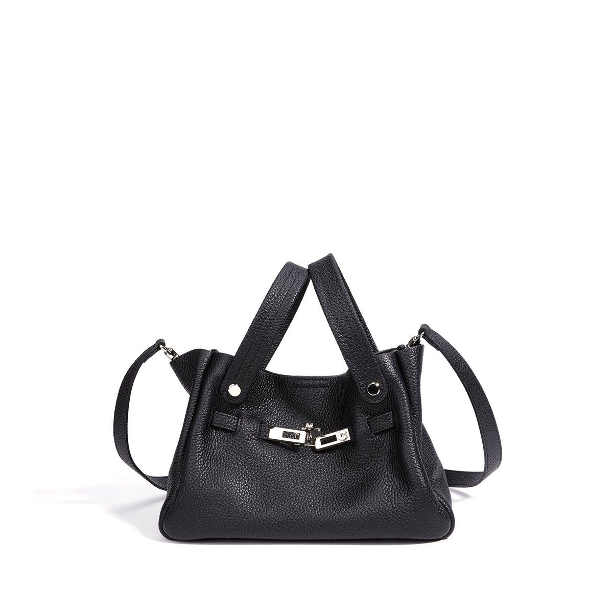 Leather Bucket Kelly-Style Crossbody Bag in Classic — worn on shoulder