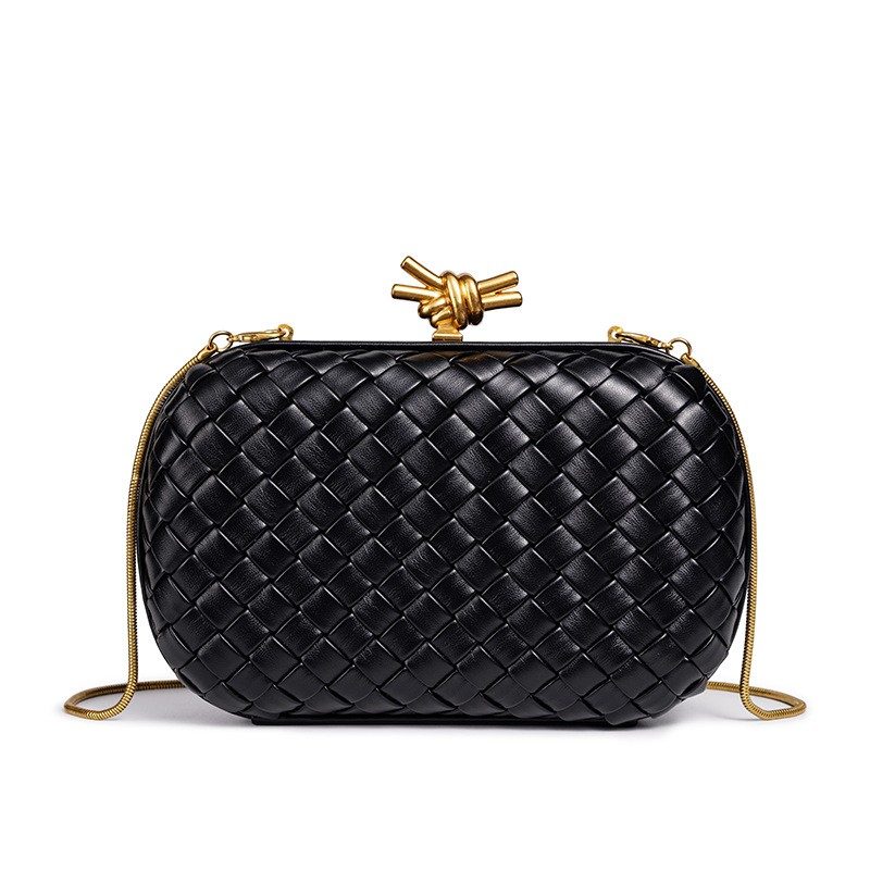Light-Luxury Woven Chain Evening Box Bag in Black — side angle