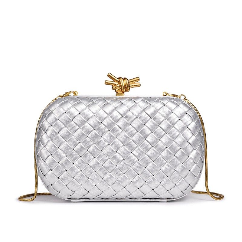 Light-Luxury Woven Chain Evening Box Bag in Black — detail close-up