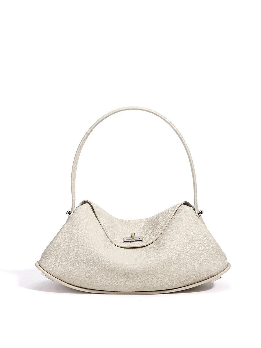 Lychee-Grain Genuine Leather Underarm Bag in Black — detail close-up