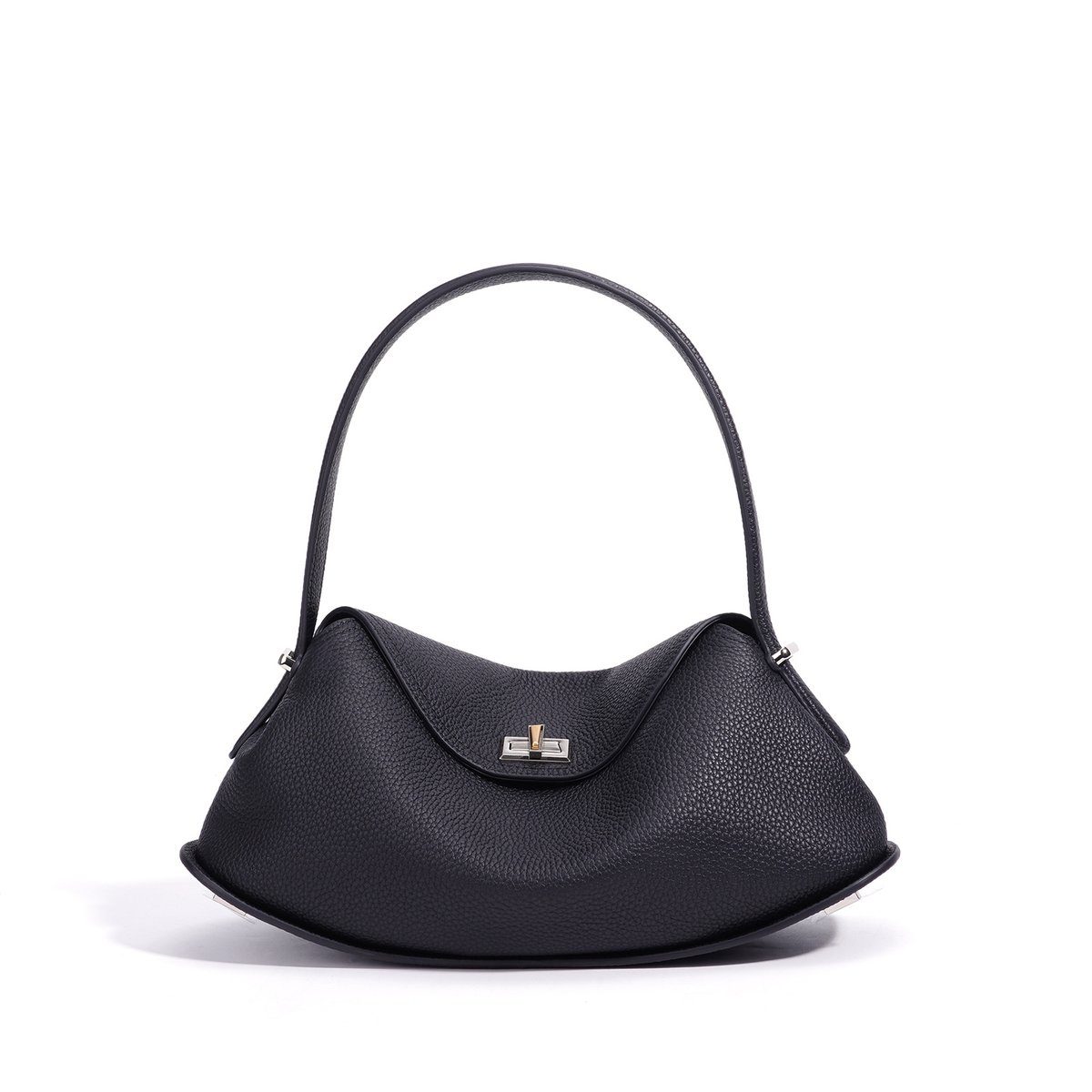 Lychee-Grain Genuine Leather Underarm Bag in Black — worn on shoulder