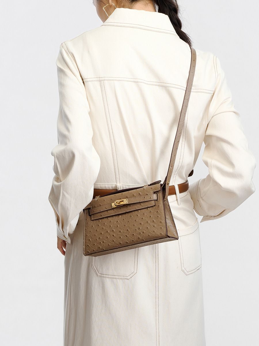 Ostrich-Embossed Top-Grain Leather Kelly Crossbody Bag in Pink — back view