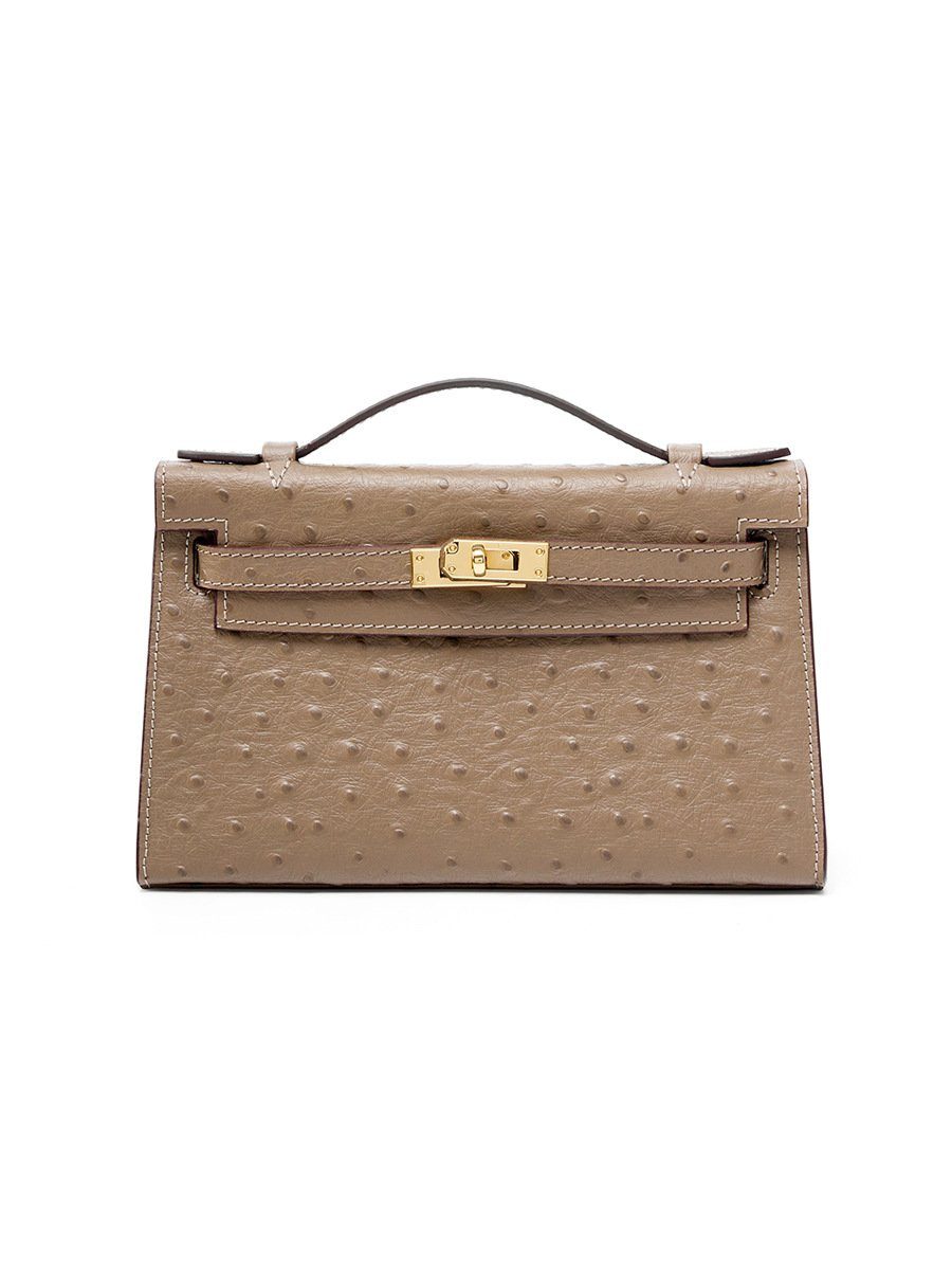 Ostrich-Embossed Top-Grain Leather Kelly Crossbody Bag in Pink — detail close-up