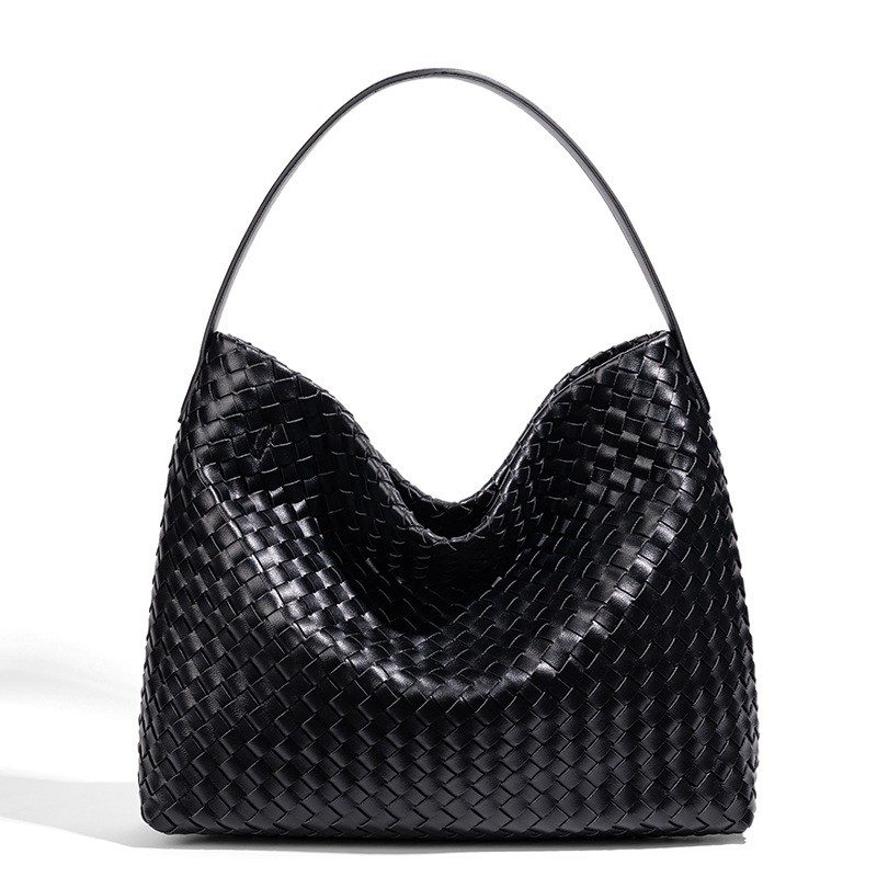 Retro Woven Large-Capacity Commuter Tote Bag in Black — back view
