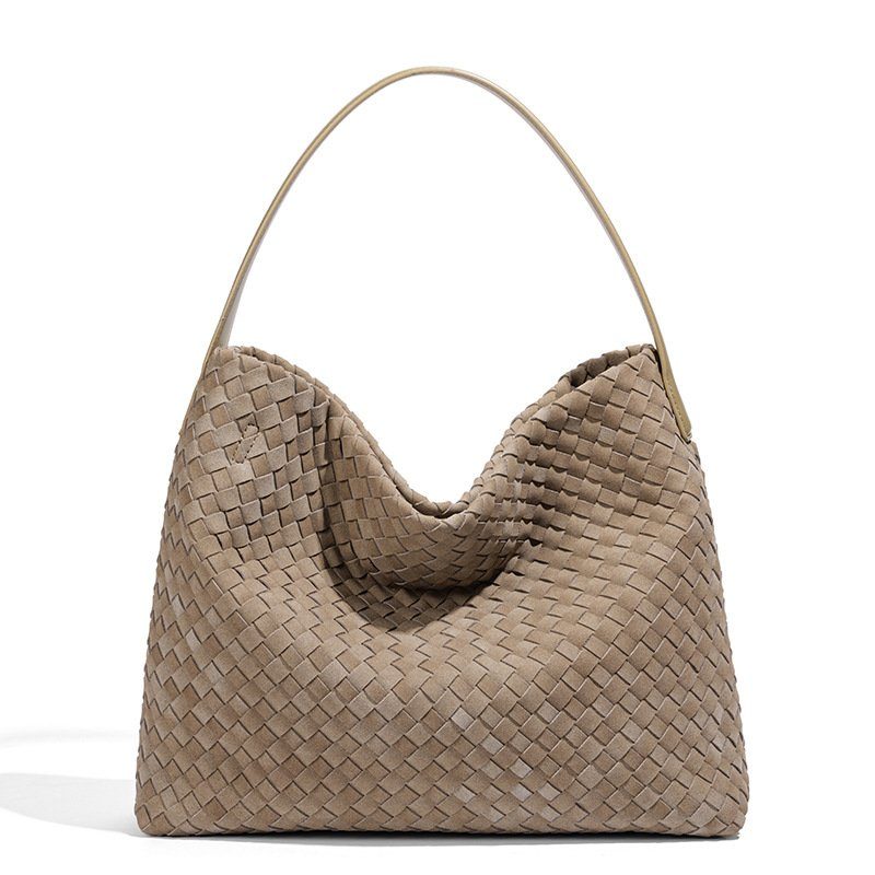 Retro Woven Large-Capacity Commuter Tote Bag in Black — interior view