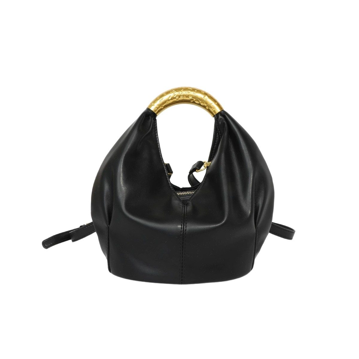 Ruched Gold-Handle Shoulder Bag in Black — side angle