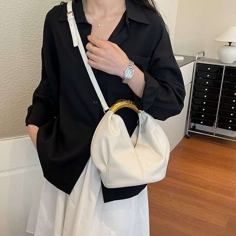 Ruched Gold-Handle Shoulder Bag in Black — interior view