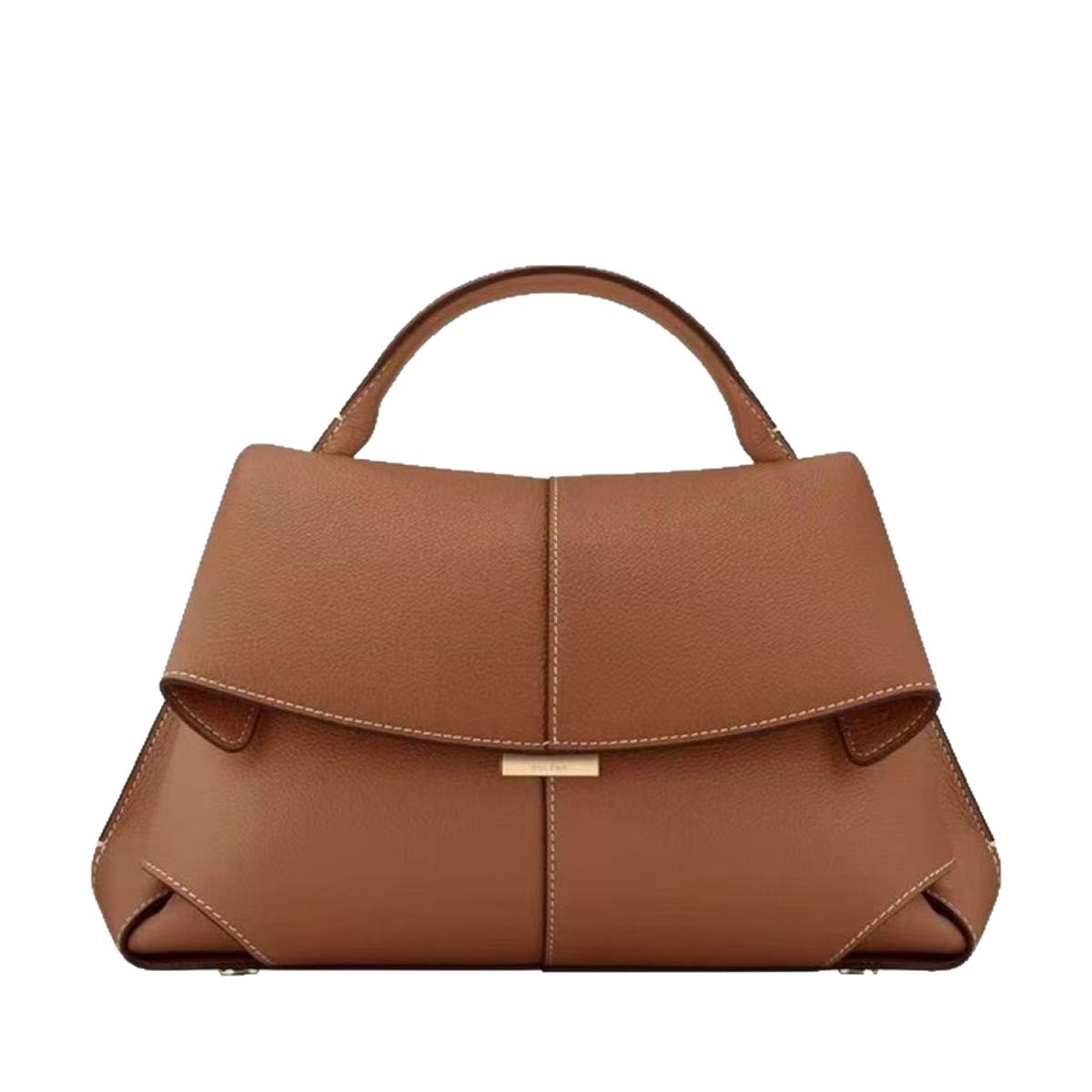 Smile Pleated Top-Handle Bag in Camel — detail close-up