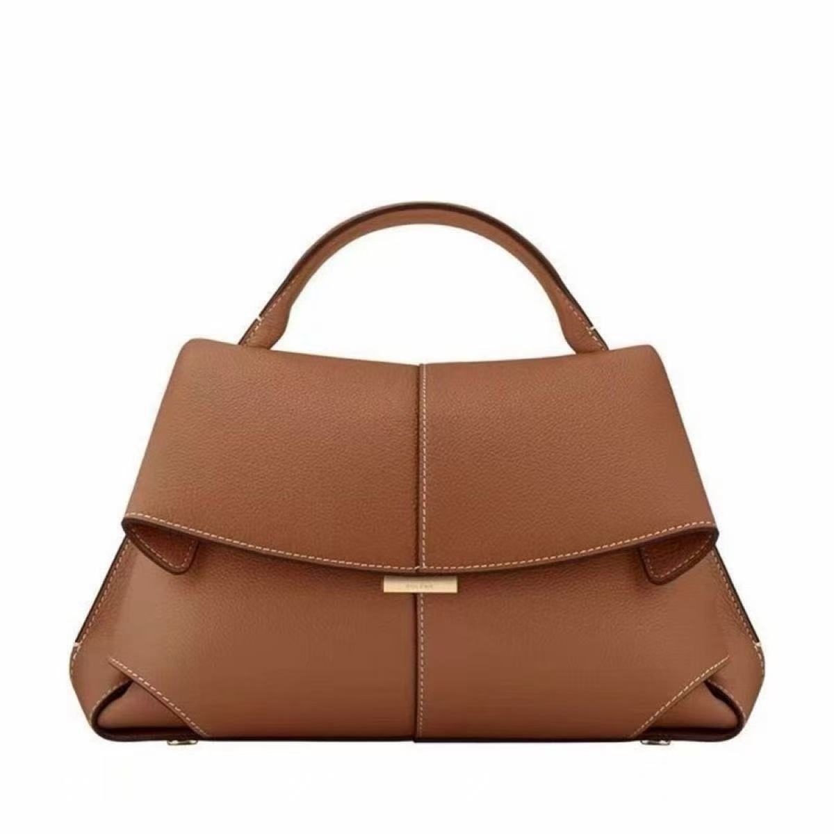 Smile Pleated Top-Handle Bag in Camel — styling photo