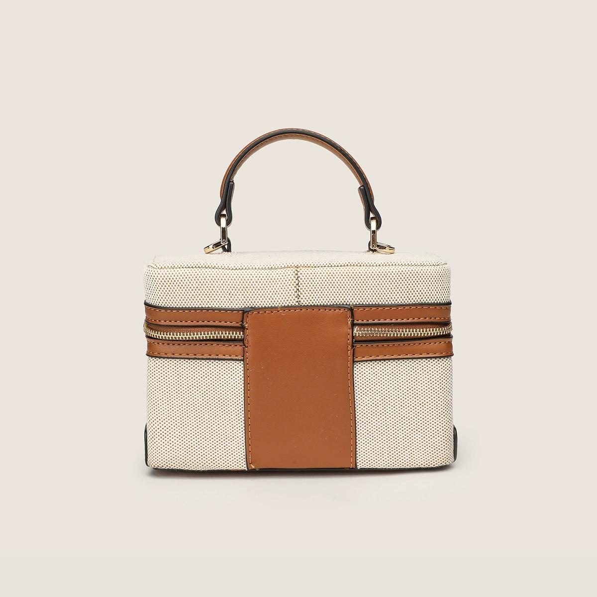 Vintage Canvas & Leather Box Bag in Canvas Brown — side angle