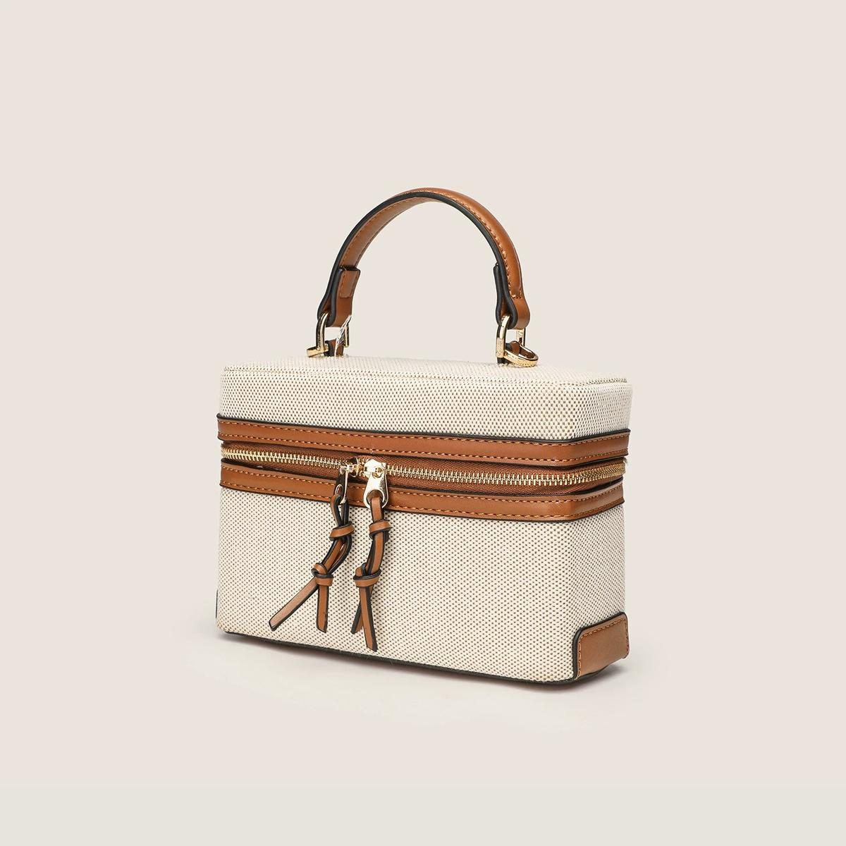 Vintage Canvas & Leather Box Bag in Canvas Brown — back view