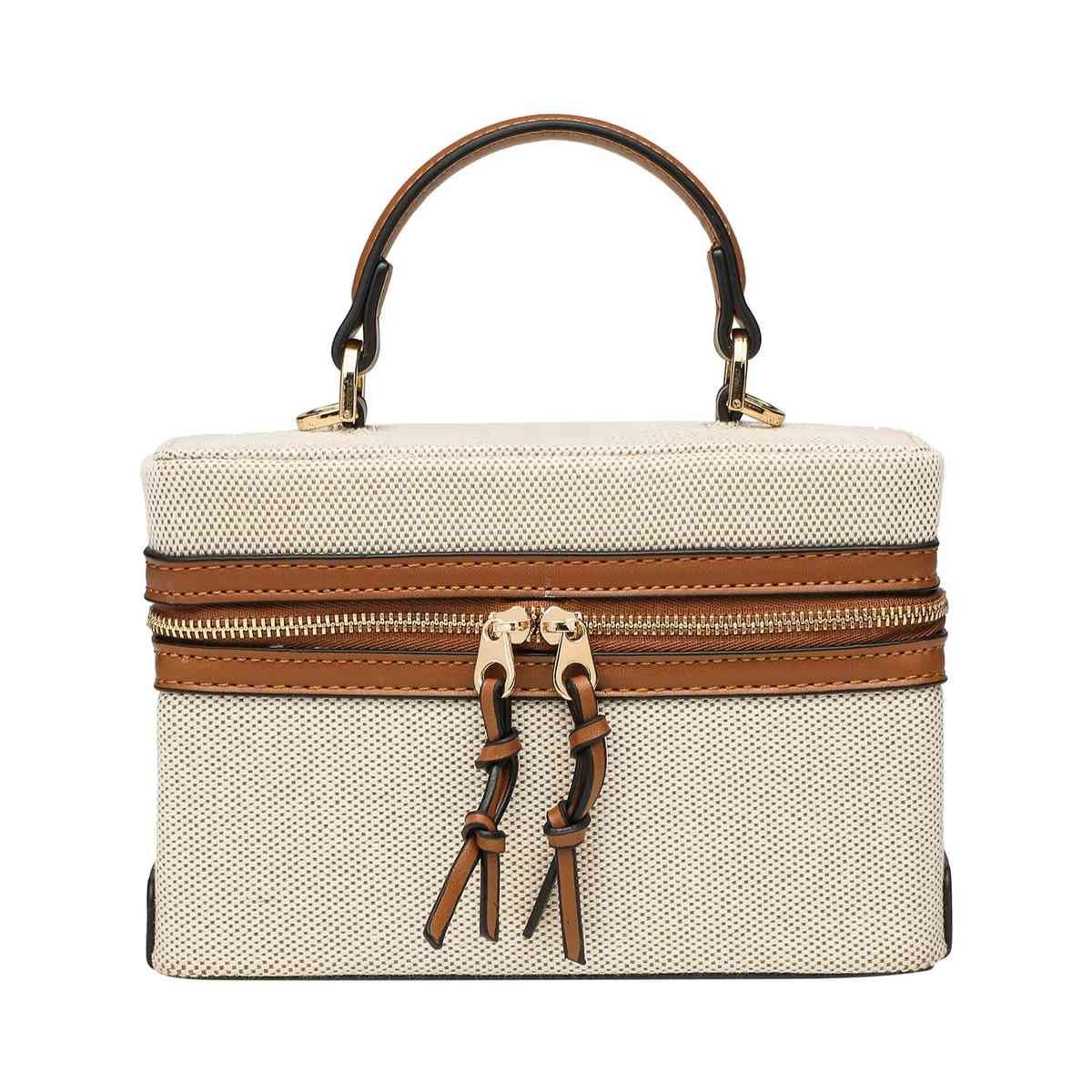 Vintage Canvas & Leather Box Bag in Canvas Brown — detail close-up