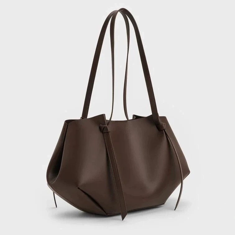 Wrinkled Leather Tote Bag in Dark Coffee — side angle